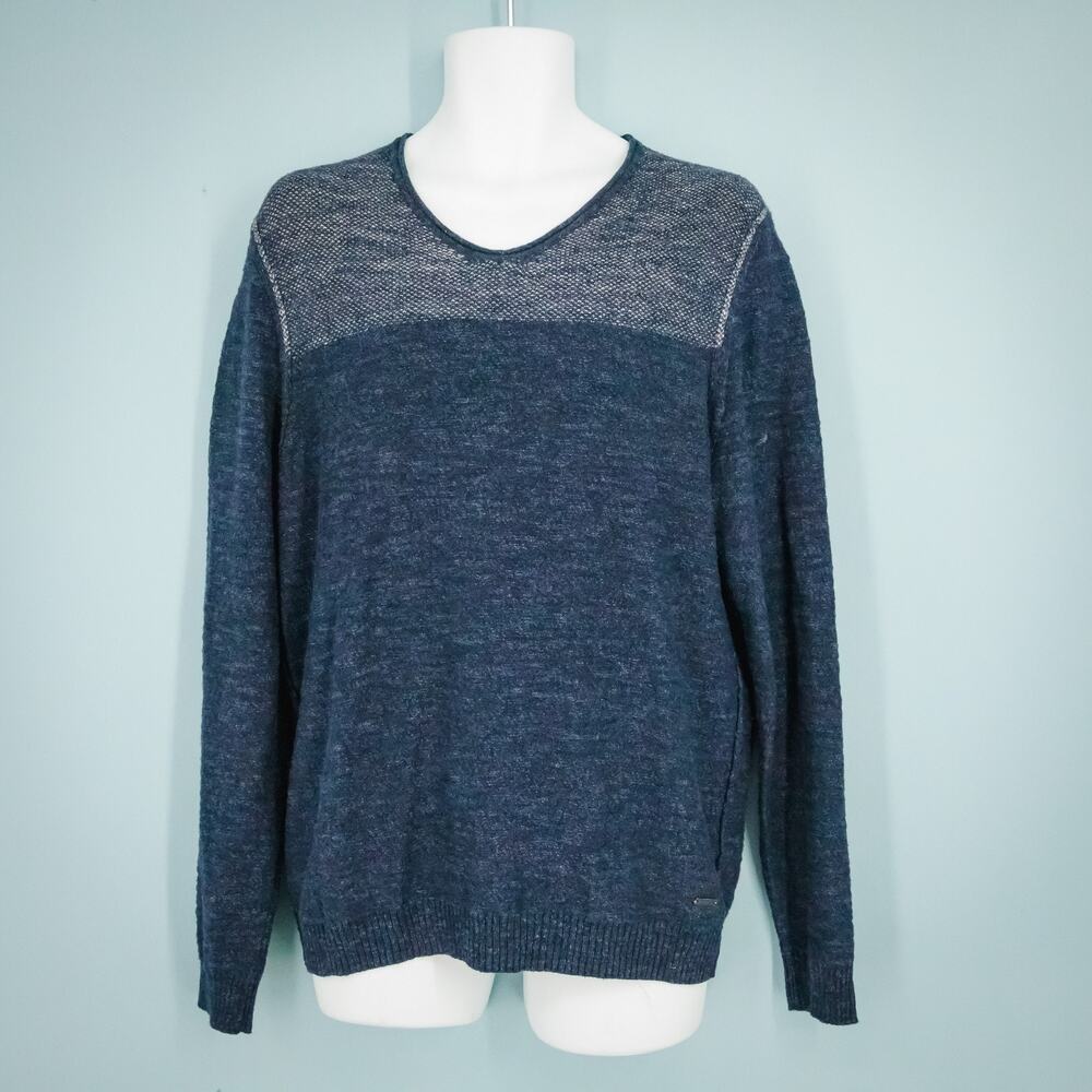 Hugo Boss Size XL Arbramus Blue Color Block V Crew Neck 100% Cotton Sweater